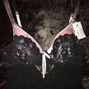Pink Satin Trimmed Black Stretch Lace Slip NWT